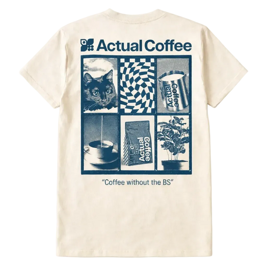 Beige t-shirt with blue graphic design featuring a cat, coffee cup, and text on a white background