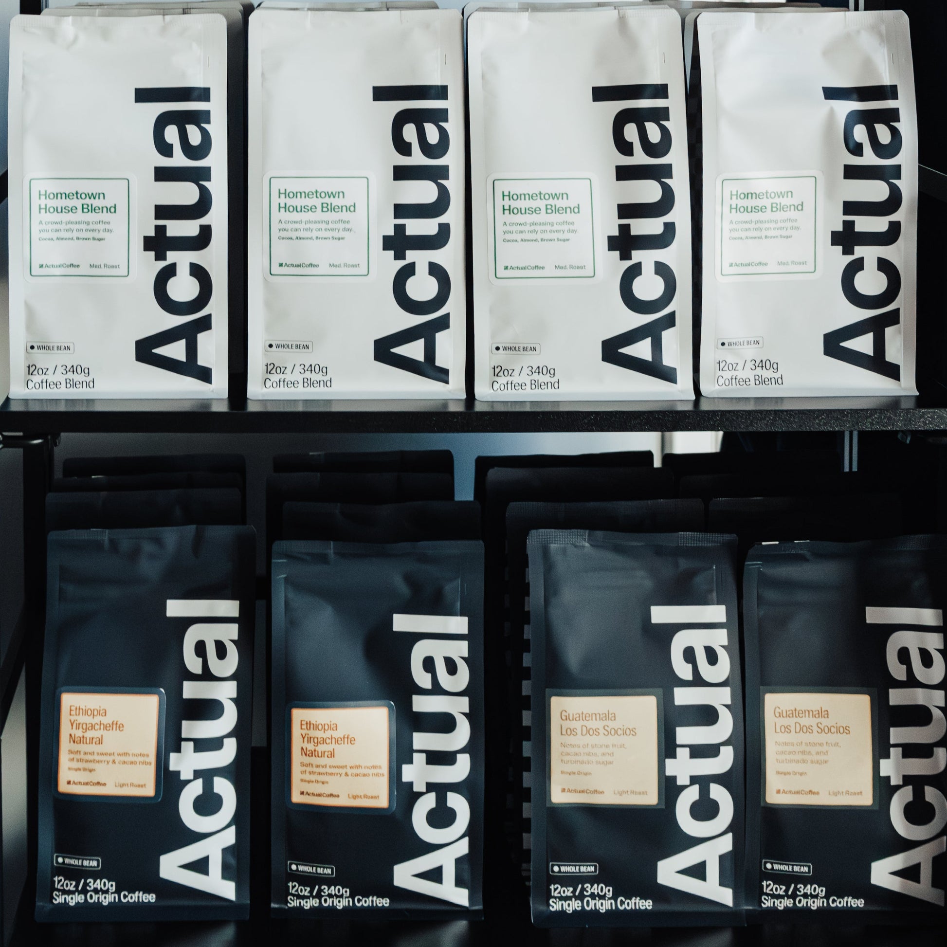 Display of 'Actual' products on a metal rack with a blurred background