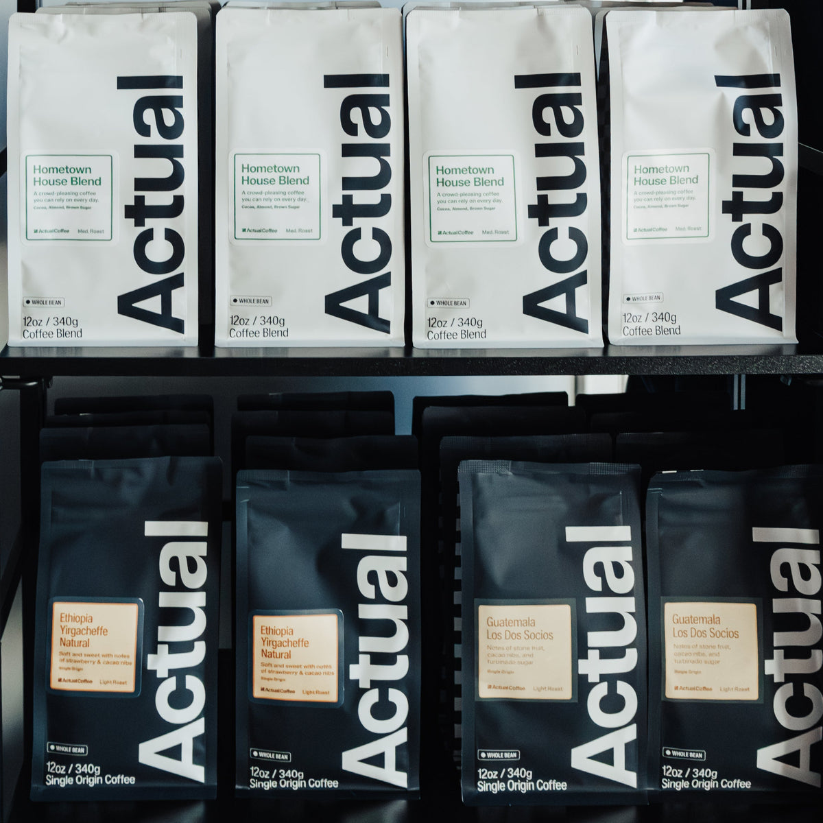 Display of 'Actual' products on a metal rack with a blurred background
