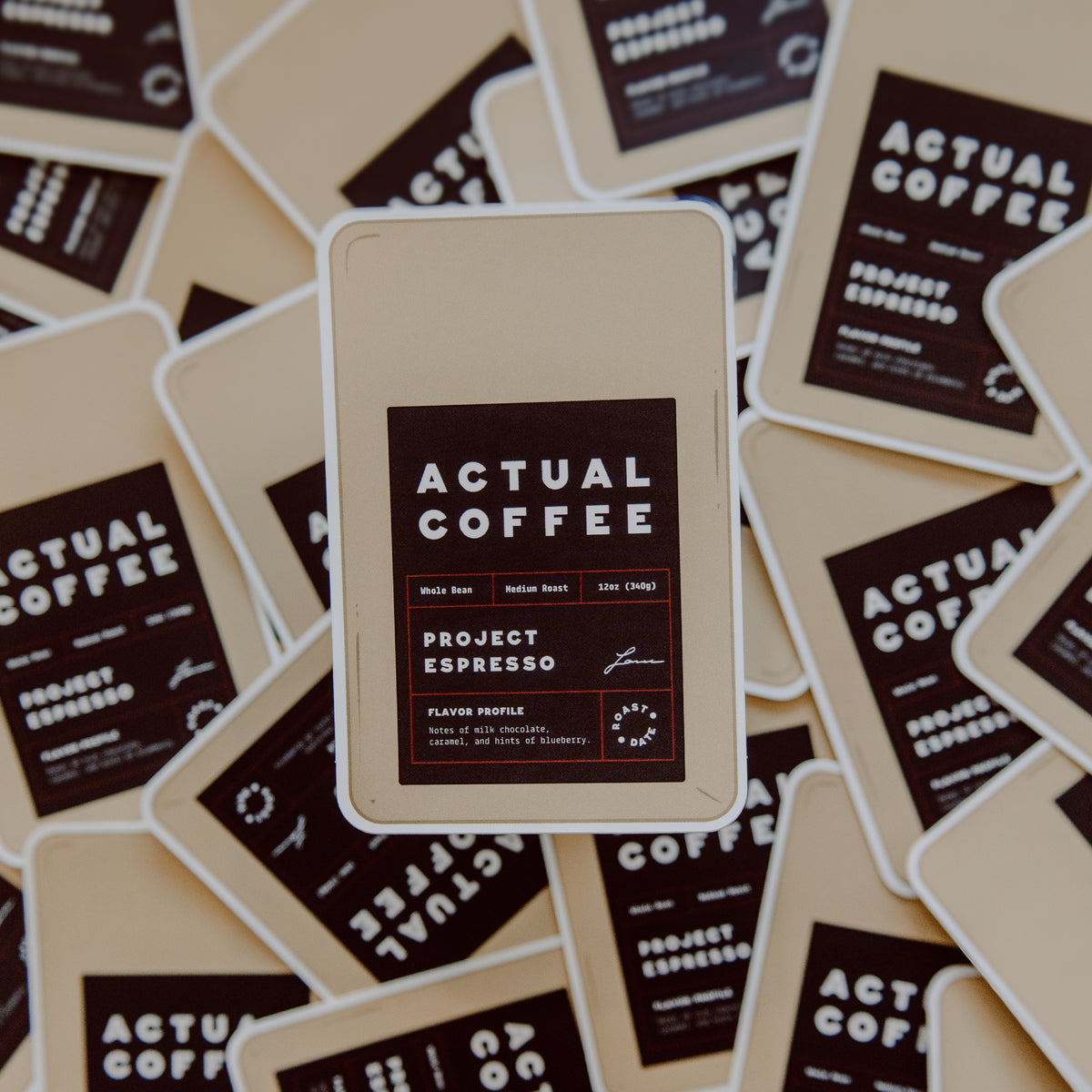 Multiple 'Actual Coffee' Project Espresso coffee packaging stickers