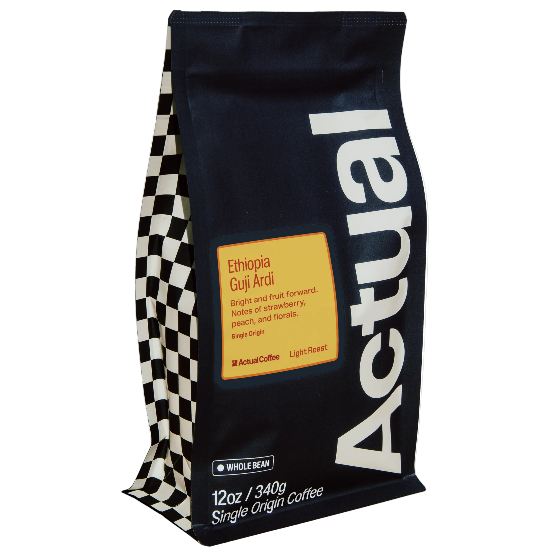 A bag of Actual Coffee Ethiopia Guji Ardii whole bean single origin coffee. The bag is dark navy blue with a large white vertical 'Actual' logo, a yellow label with black text, and a black and white checkered pattern on the left side.
