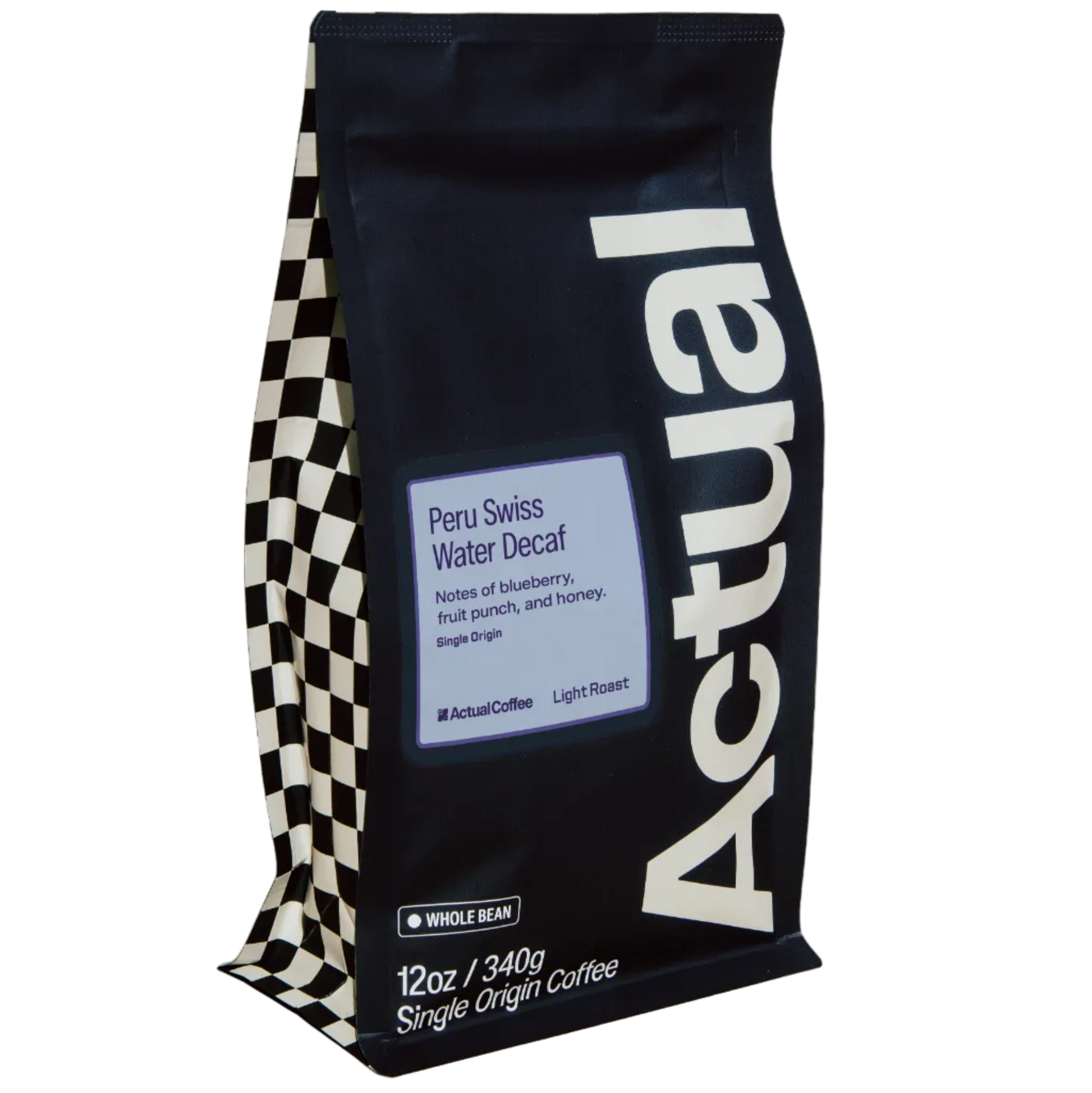 A 12 oz bag of Actual Coffee Peru Swiss Water Decaf whole bean single origin coffee. The bag is black with a large white vertical 'Actual' logo, a light blue label, and a black-and-white checkered pattern on the left side, shown on a plain white background.