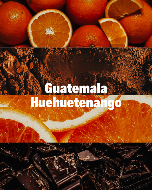 A close-up collage of orange slices and orange pulp with dark chocolate pieces, overlaid with the white text 'Guatemala Huehuetenango'.