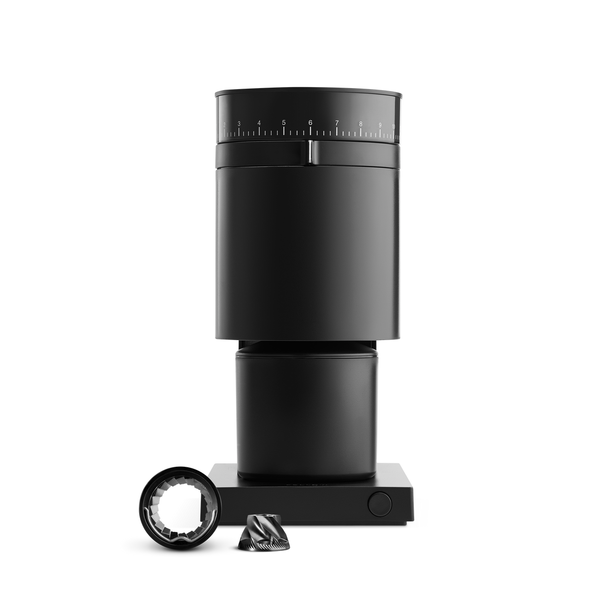 A black cylindrical coffee grinder with a smart speed control feature and a hopper capacity of 250 grams.