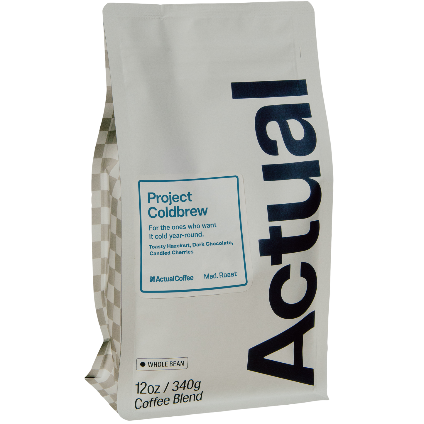A 12oz bag of Actual Coffee's Project Coldbrew Whole Bean coffee blend, shown on a clean white background.