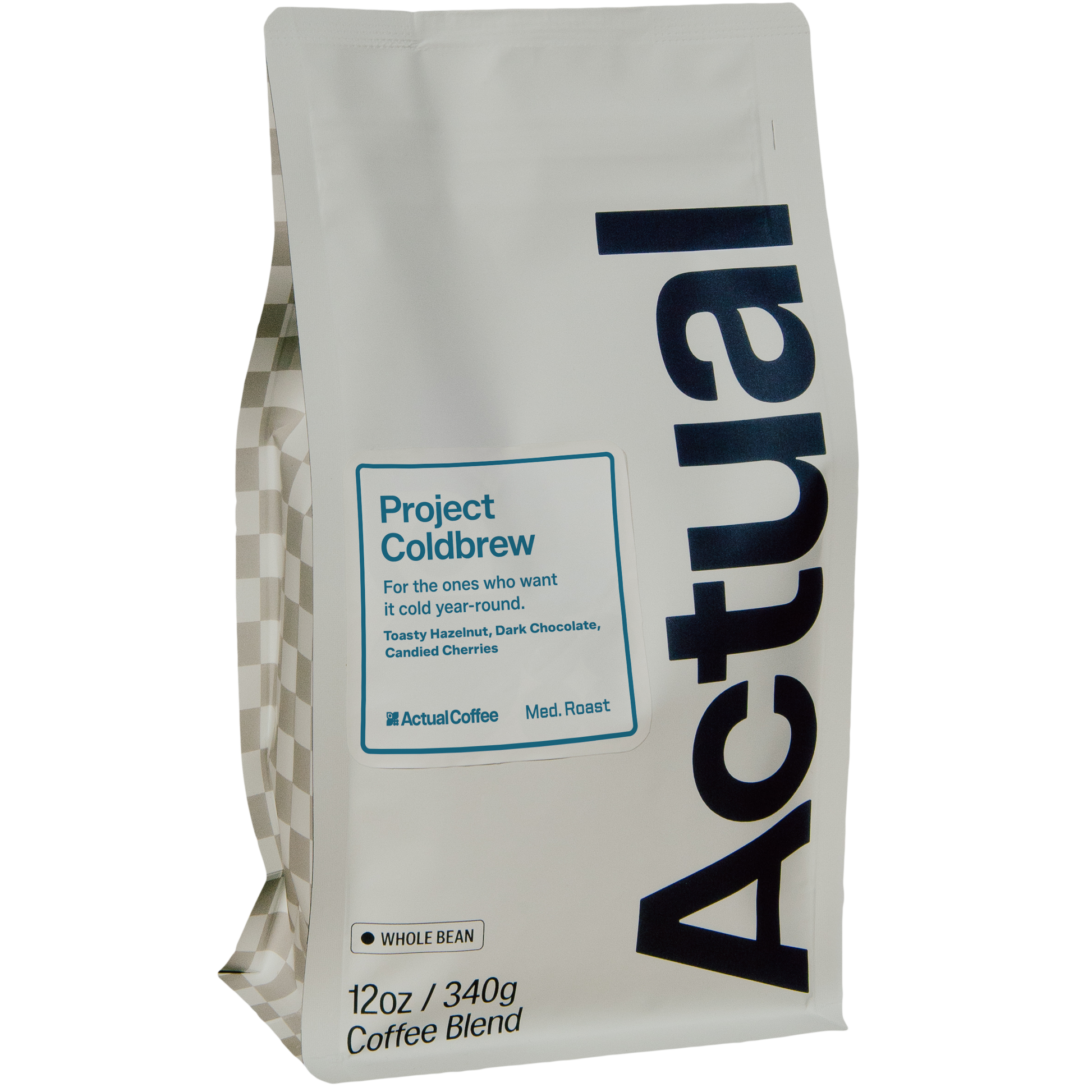 A 12oz bag of Actual Coffee's Project Coldbrew Whole Bean coffee blend, shown on a clean white background.